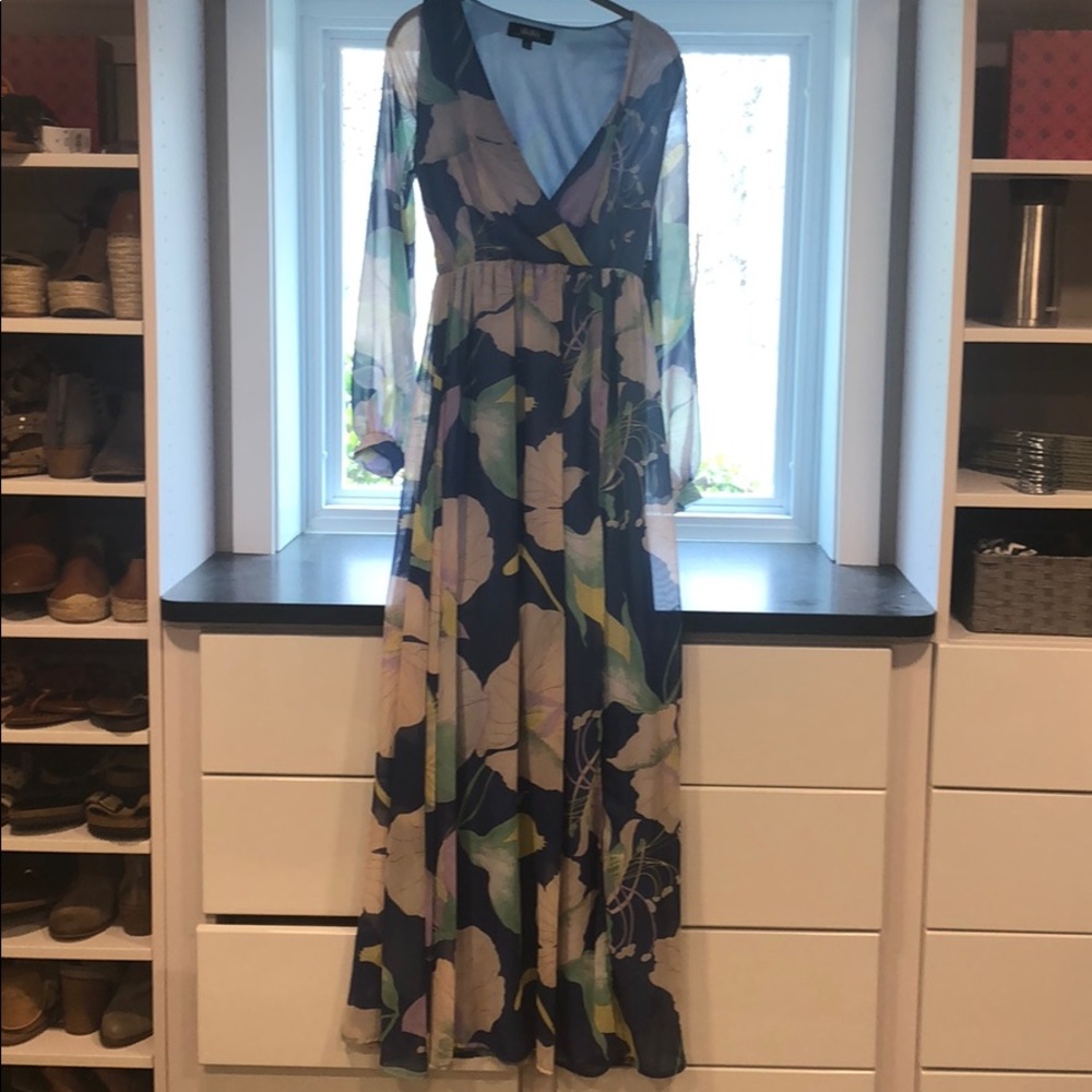 WATER LILIES DENIM BLUE FLORAL PRINT MAXI DRESS